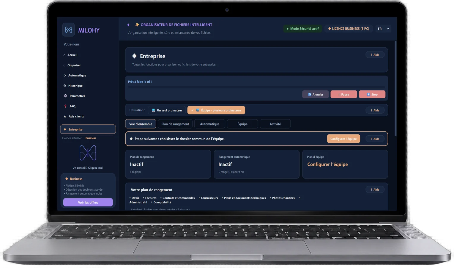 La page Entreprise du logiciel MILOHY : plan de rangement, rangement automatique, équipe et activité.